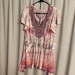 Embroidered Pink Paisley V-Neck Women's Tunic